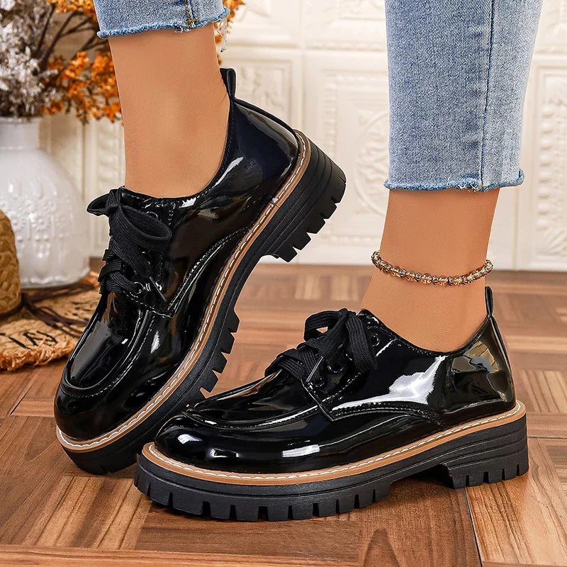 Ladies Office Oxford Shoes Fashion Lace Up Round Toe Platform Shoes Women British Style Patent Leather Student Shoes Woman 43