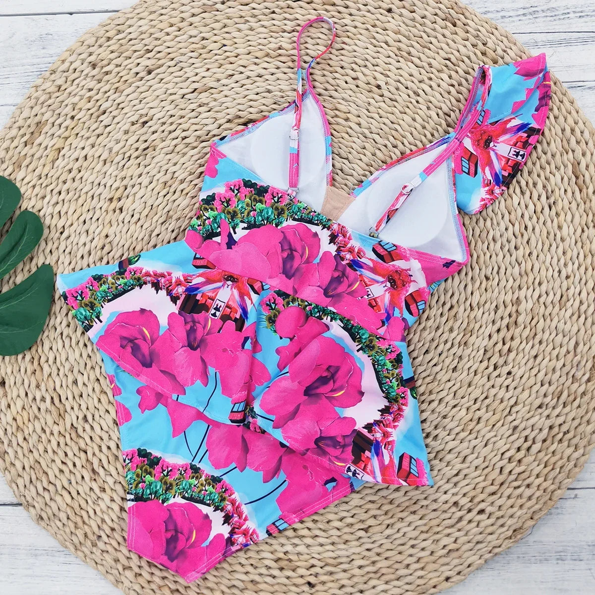 Sexy Ruffle Shoulder Swimsuit V-Neck Swimwear Women Backless Push Up Bathing Suit  Beach Wear 2024 Female Swimming Suit