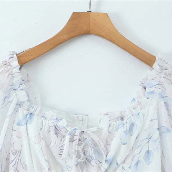 Sweet Long-sleeve Dress For Women Pleated Printed Short Women White Floral Print Mini Dress Long Puff Sleeve For Beach 96U3