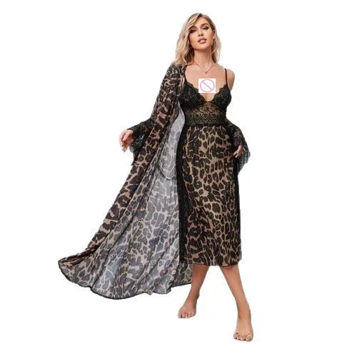 Spring and summer sexy mesh leopard print suspender nightgown with padded nightgown two-piece home wear set