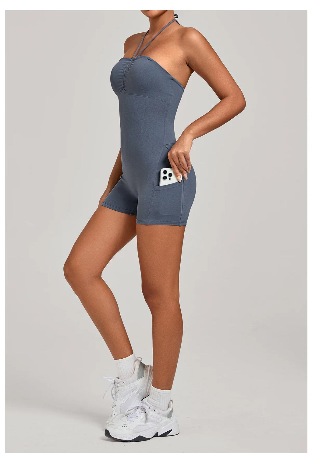 Womens Two Way Wear Bodysuit Sleeveless Yoga Stretch One Piece Romper Sexy Fitness Side Pockets Sportwears Bodysuit