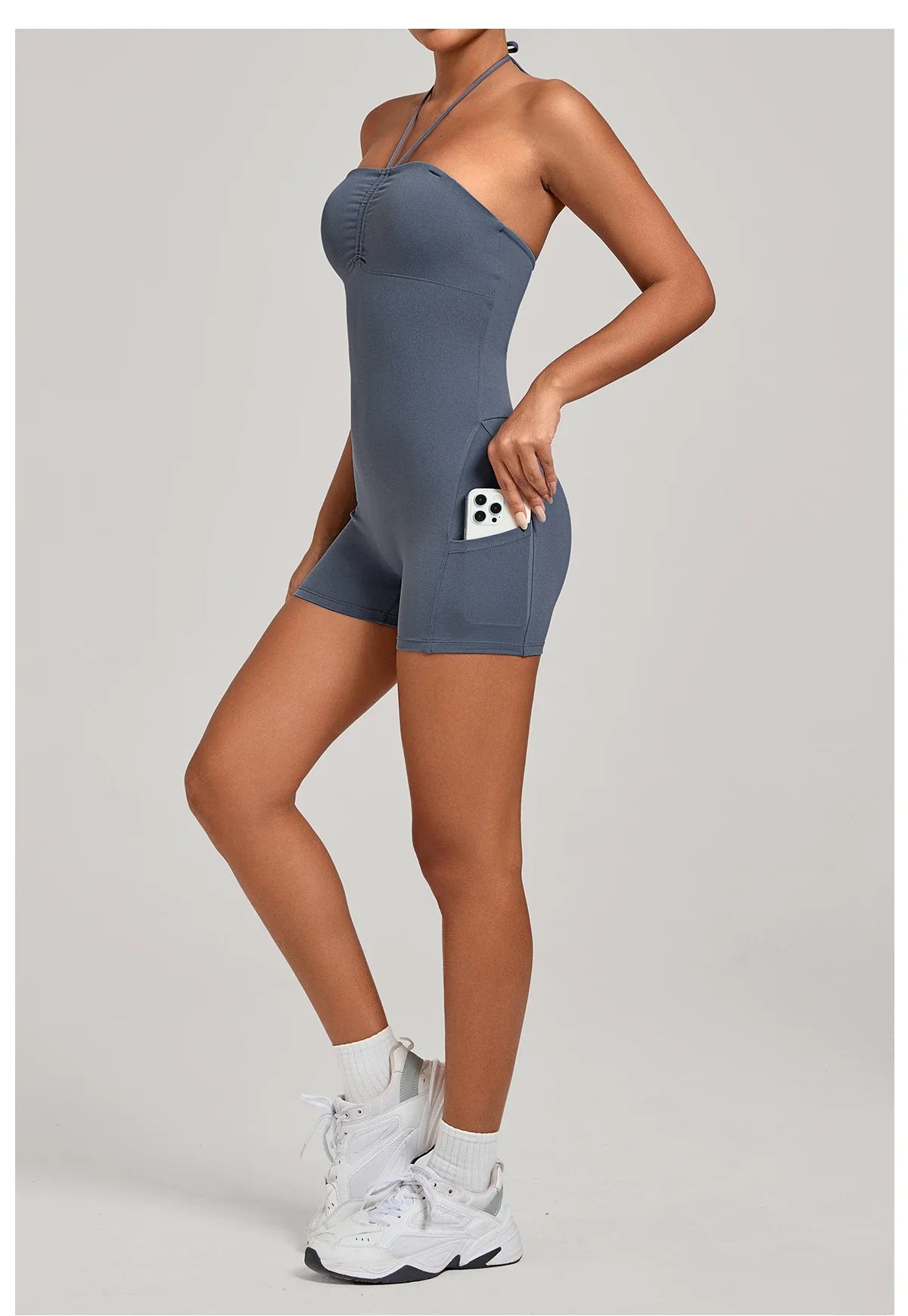Womens Two Way Wear Bodysuit Sleeveless Yoga Stretch One Piece Romper Sexy Fitness Side Pockets Sportwears Bodysuit