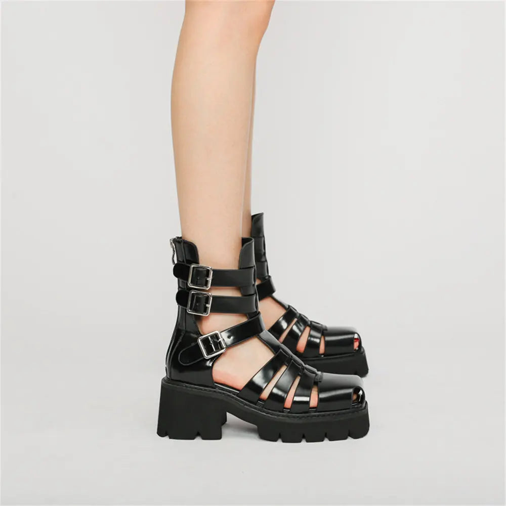2025 Brand Fashion Women's Black Summer Gladiator Sandals Fashion Leisure Square Heels Casual Platform Shoes Big Size 43