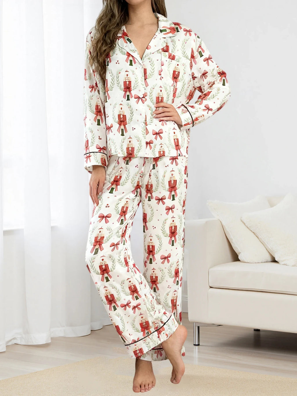 Women’s 2025 Christmas Pajamas Set Long Sleeve Oversized Button Down Shirt and Long Pants Two Pieces Loungewear