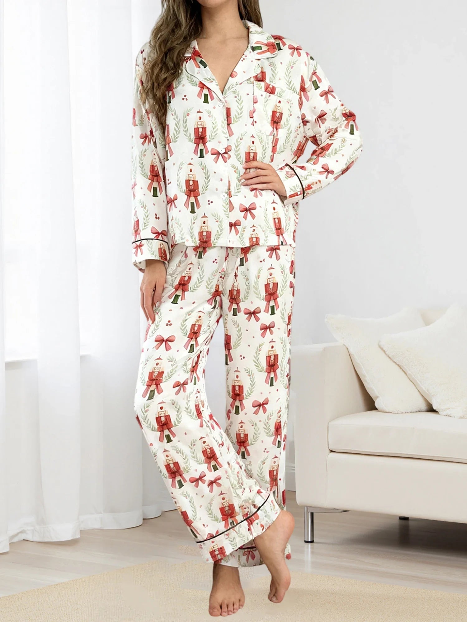 Women’s 2025 Christmas Pajamas Set Long Sleeve Oversized Button Down Shirt and Long Pants Two Pieces Loungewear