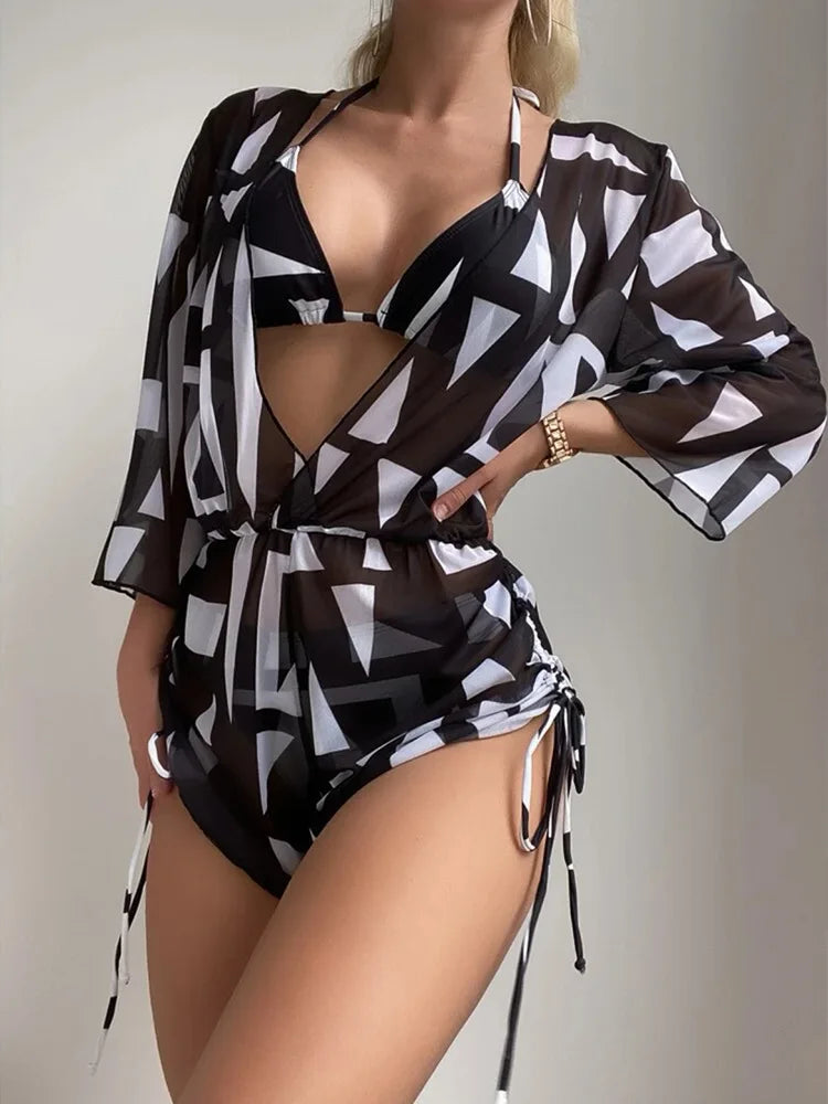 New Summer Women Geometric Print 3 Pieces Swimsuit Drawstring Mesh Bodysuit+Micro Bikini Swimwear Push Up Bathing Suit Beachwear