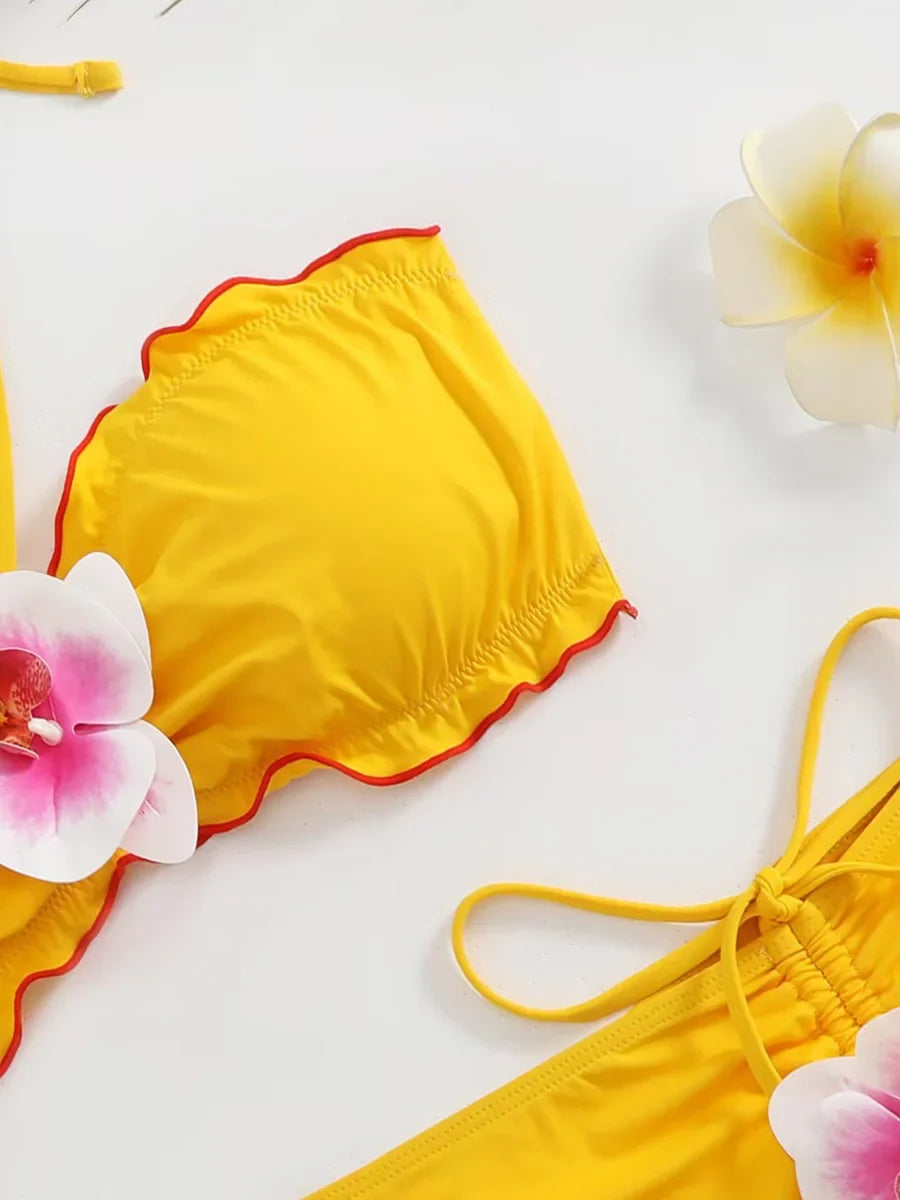 with Mesh Skirt 3D Flowers Halter Bandeau Bikini Female Swimsuit Women Swimwear Three-pieces Bikini Set Bathing Suit Beachwear