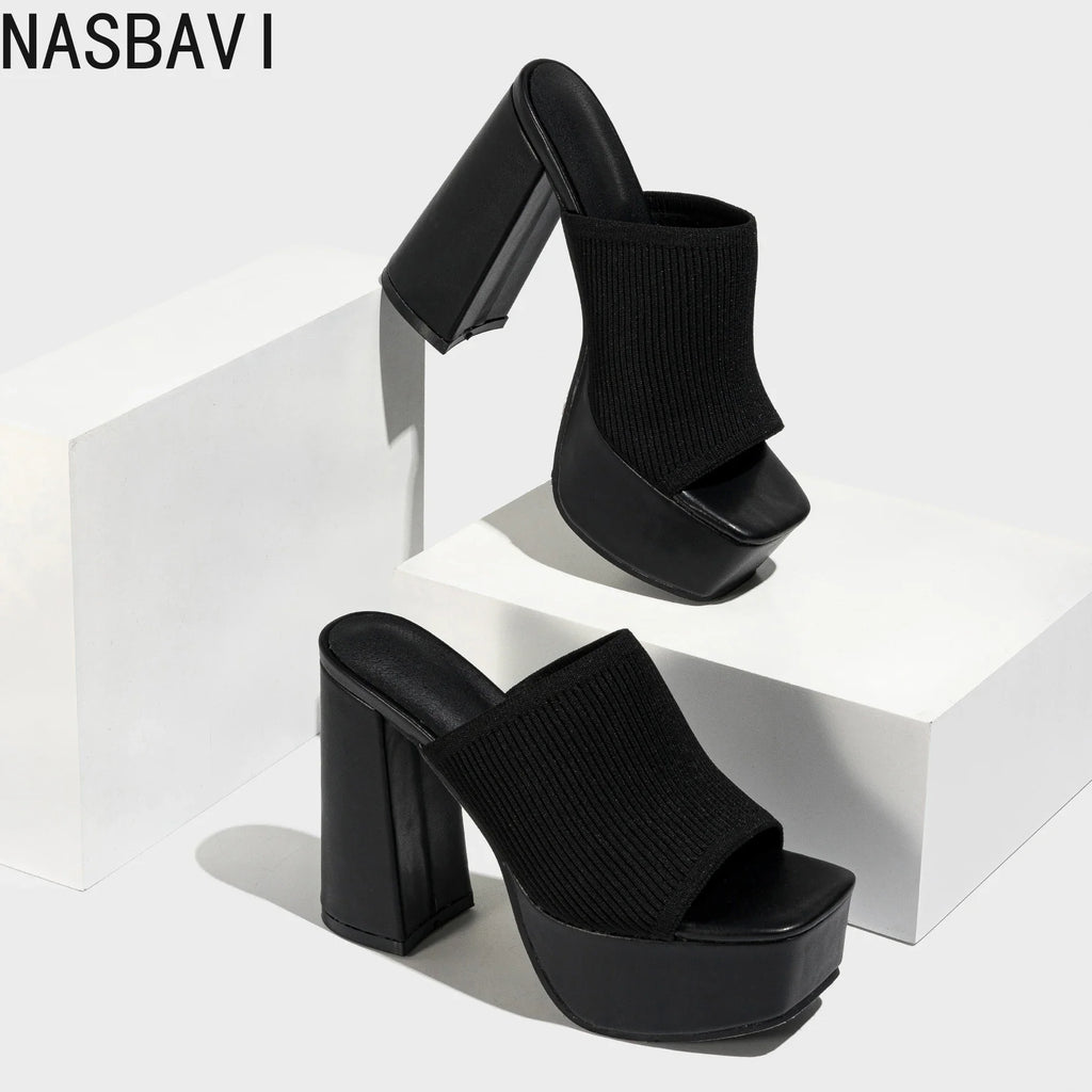 NASBAVI Summer Knitting Yarn Pleated Platform Rome Shallow Thick Bottom Peep Toe Thin Heels Women Sandals Slip-On Party Shoes