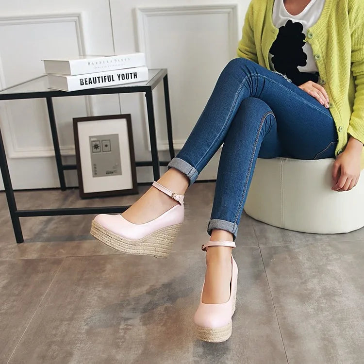NASBAVI Classic Wedges Shoes for Women Spring Casual Ankle Straps High Heels Pumps Shoes Green Wedge Wedding Office Shoes Female