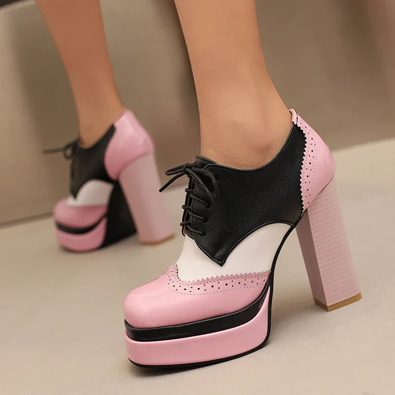 Bright Patent Leather Patchwork White PU Lace Up High Heels with Breathable Lining, Wavy and Serrated Patterns, Sweet Pumps