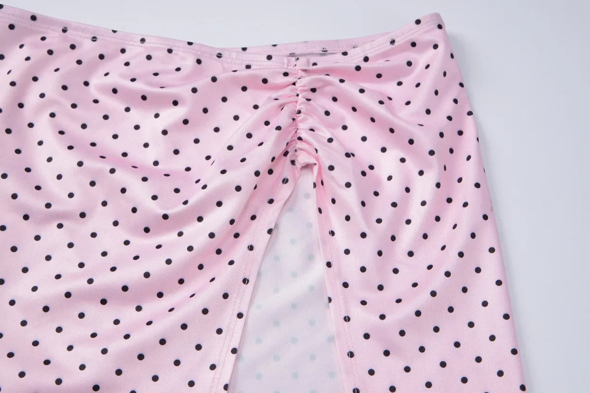 FDYOUI Women's Polka Dot Print Pink Swimsuit Lace-up Bras Panties Split Skirts 3 Pieces Bikinis Sets Bathing Suit Beach Swimwear