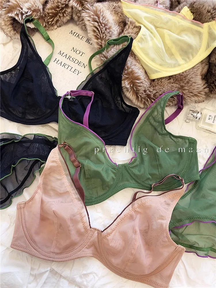 Elegant French Design Minimizer Bra Fashion Triangle Cups Structural Support Ultra Thin Soft Mesh Lingerie Set MOYISU Sexy Tushy