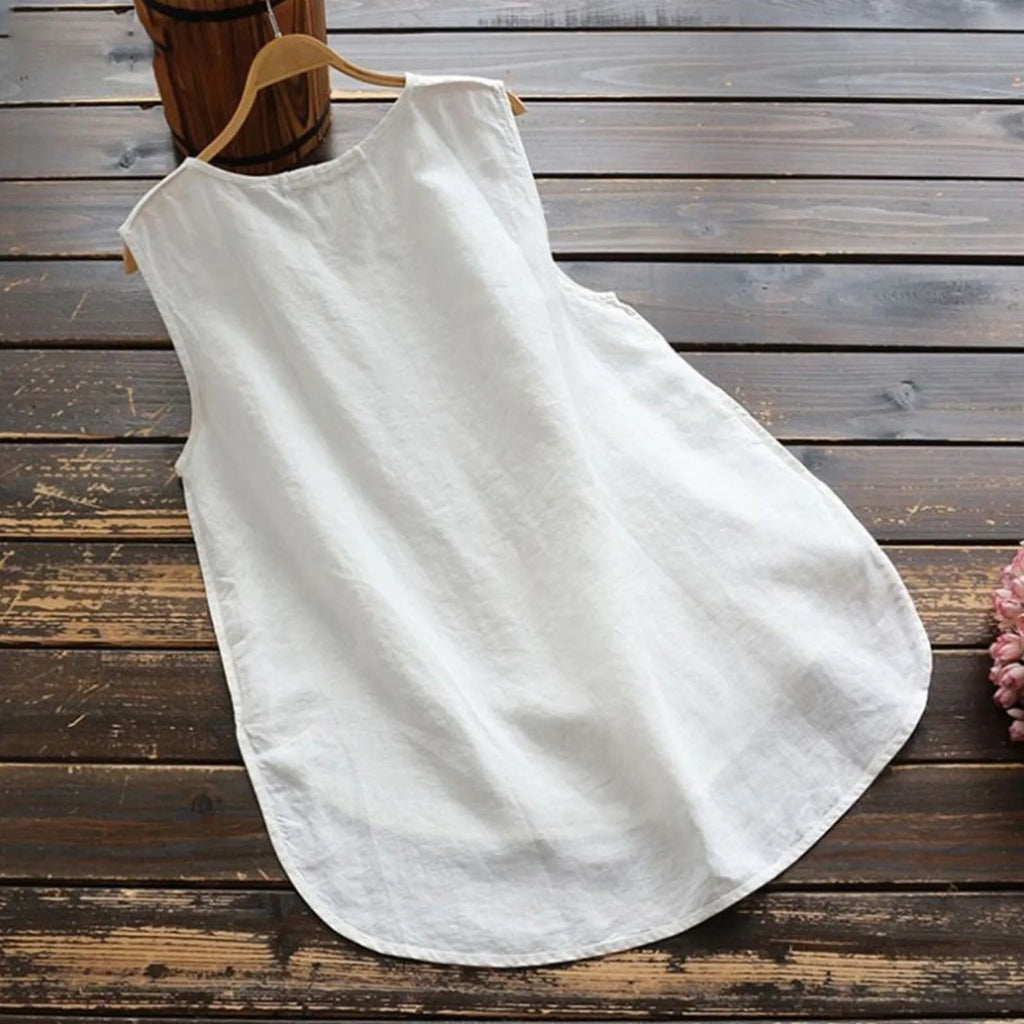 Women Vintage Cotton Linen Tanks Tops Round Neck Floral Print Shirt Summer Sleeveless Blouse Elegant Female Casual Loose Tops