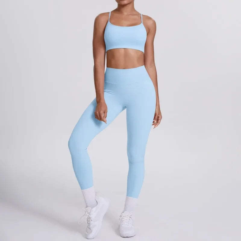 Women's Seamless Yoga Set Cross Back Sports Bra & High Waist Booty Lifting Yoga Leggings Gym Running Fitness Workout Outfit