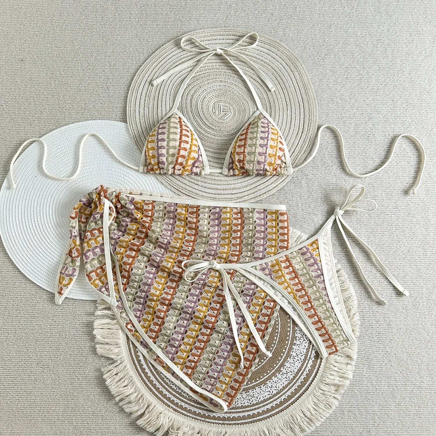 Sexy Colorful Striped Bikini Set Women Push Up Bra Thong Swimsuit 2026 Summer Bathing Suit Beach Mesh Cover Up 3 Piece Swimwear