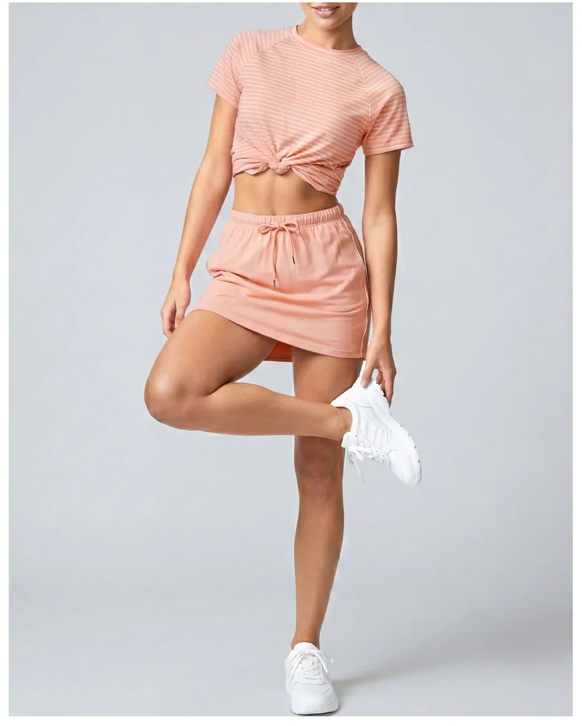 Women's Yoga Outfit Set Black Stripe Tennis Skirt Workout Clothes Short Sleeve O Neck Sports T Shirts Mini Skorts Fitness Sets