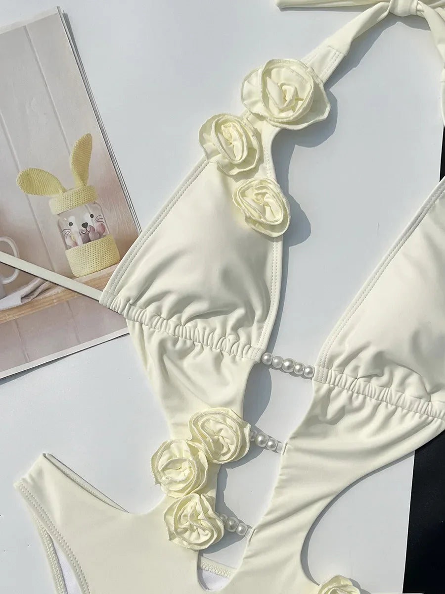 3D Flowers Deep V Neck Halter Women Backless Swimwear One Piece Swimsuit Female High Cut Monokini Bather Bathing Suit Swim Lady