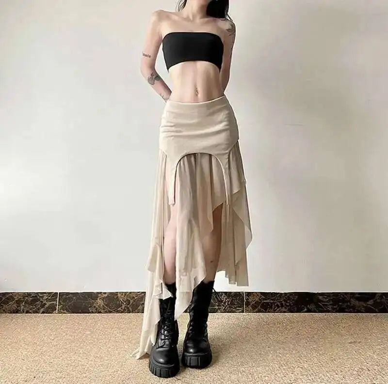 Sexy Irregular Y2K Skirts Women Vintage American High Waist Slim Slit Long Skirt Casual Lady Streetwear Retro Summer Skirts XGM8