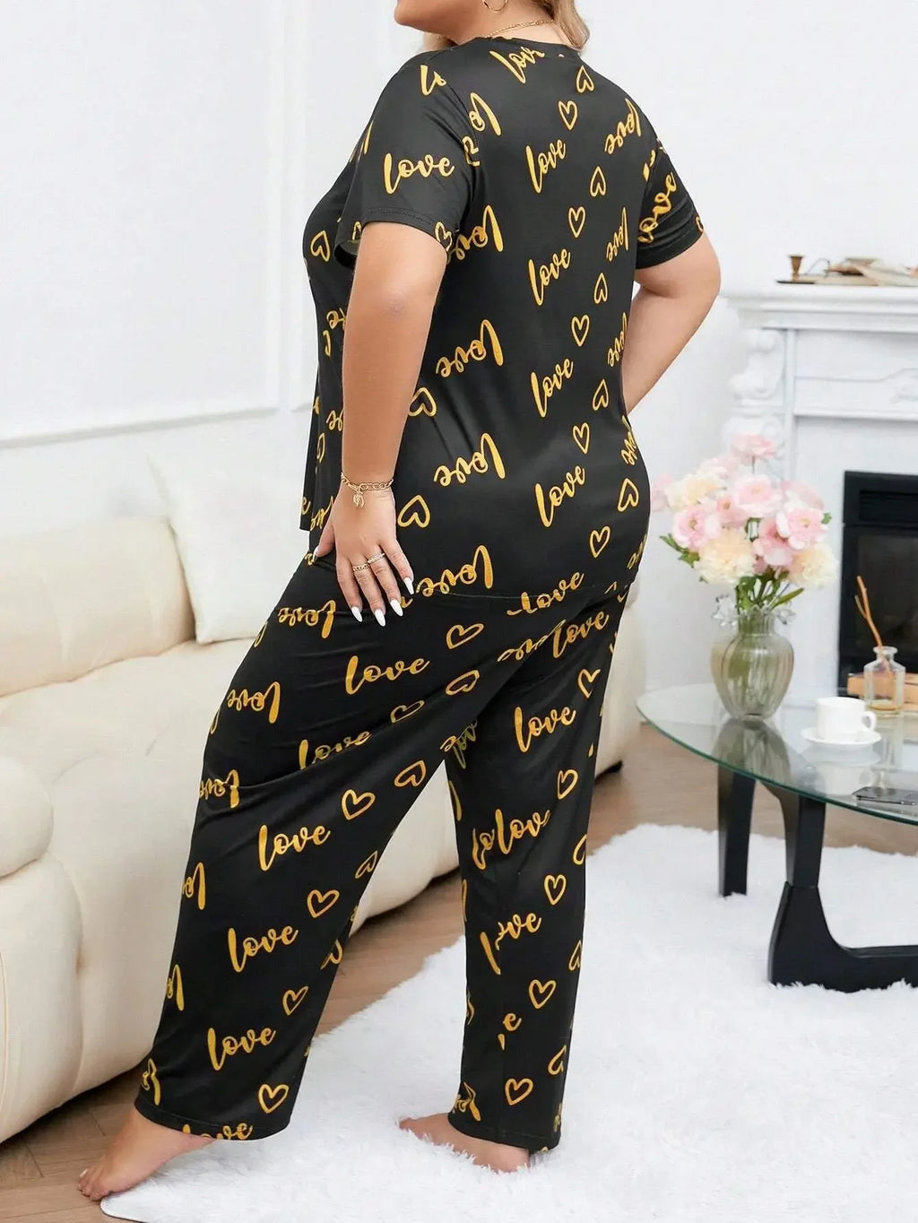 Plus Size 3XL 4XL 5XL Sleepwear Heart Letters Print 2 PCS Pajama Set Women's Casual Short-Sleeve Top and Pants Loungewear