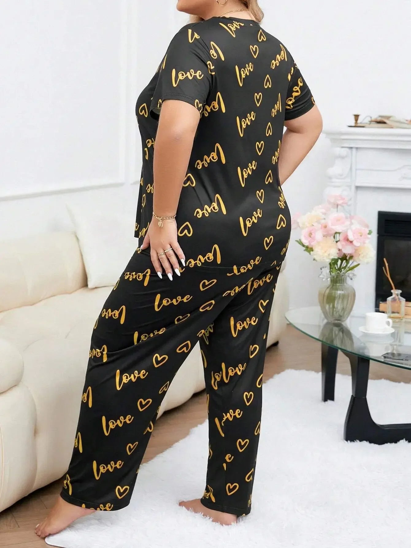 Plus Size 3XL 4XL 5XL Sleepwear Heart Letters Print 2 PCS Pajama Set Women's Casual Short-Sleeve Top and Pants Loungewear