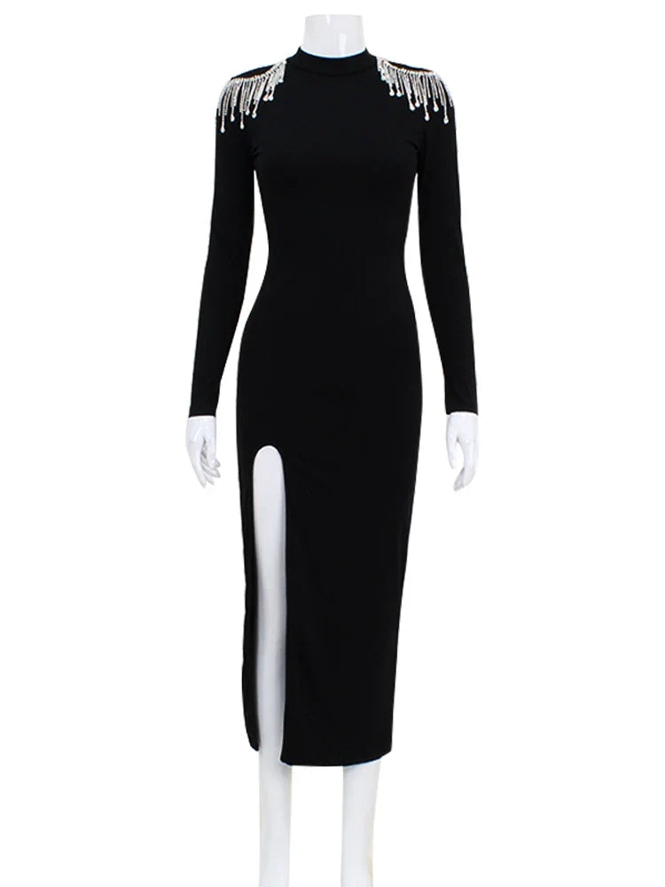 Ahagaga Fashion Hollow Out Women Maxi Dresses Sexy Solid Backless Casual Turtleneck Slim Elegant Bodycon Vestidos Robes Split