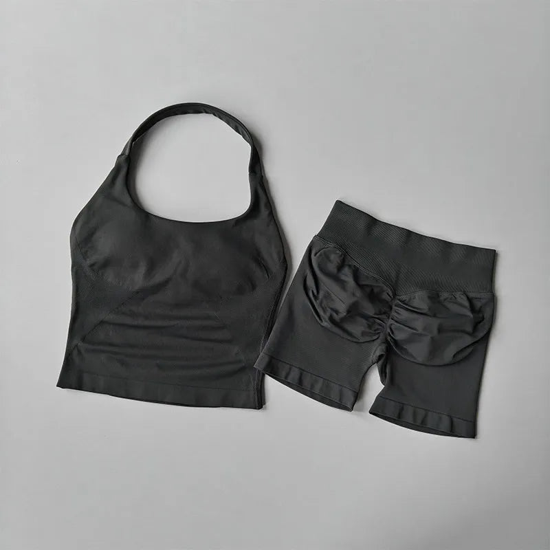2PCS Seamless Halter Neck Yoga Set Push up Sports Bra And High Waist Butt Lift Fitness Shorts Tummy Control Fitness Wear