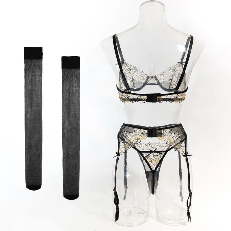 Toucheart Erotic LingerieNew Butterfly Embroidered Mesh See-through Sexy Contrastingerotic Lingerie Four-piece Setwith Stockings