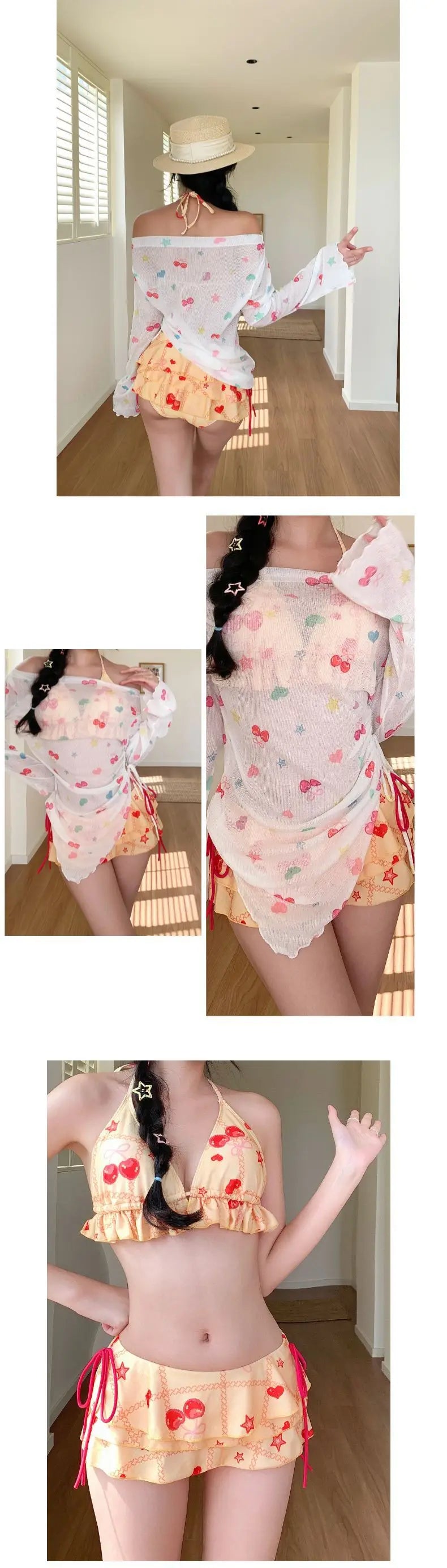 Sweet Vacation Bikini Set 2026 Women Long Sleeve Drawstring Cover Ups Pleate Short 4 Piece Swimsuit Beach Bathing Suit Swimwear