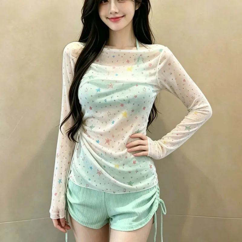 New Sweet Long Sleeve Dot Print Cover Up 3 Piece Bikini Set 2026 Swimwear Women Push Up Bra Drawstring Side High Waist Swimsuit