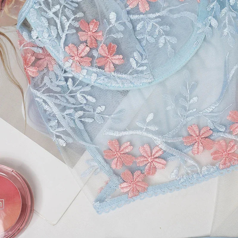 Lace Floral Embroidery See Through Bra Panties Set Women Underwear Sexy Lingerie Erotic 2 Pieces Bra Brief Sets