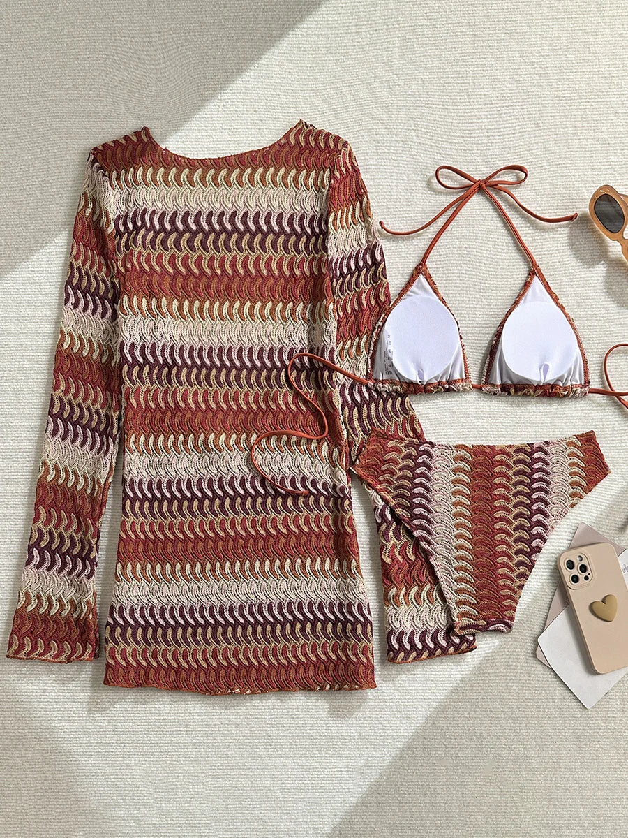 With Long Sleeve Cover Up Bikini Female Swimsuit Women Thong Swimwear Three-pieces Bikini Set Bather Bathing Suit Swim Beachwear