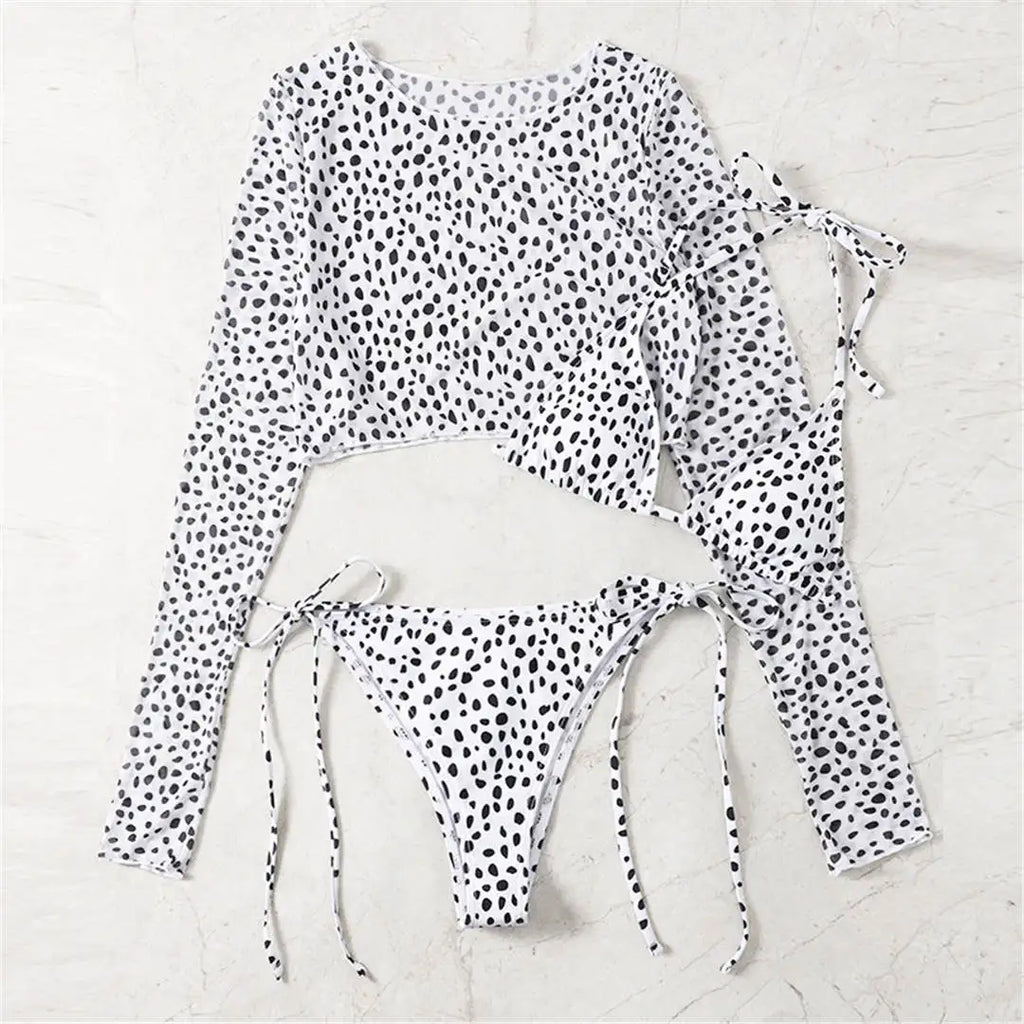 S- XXL Leopard Printed Long Sleeve Bikini Women Swimwear Female Swimsuit Three-Pieces Bikini Set Bather Bathing Suit Swim V3193Y