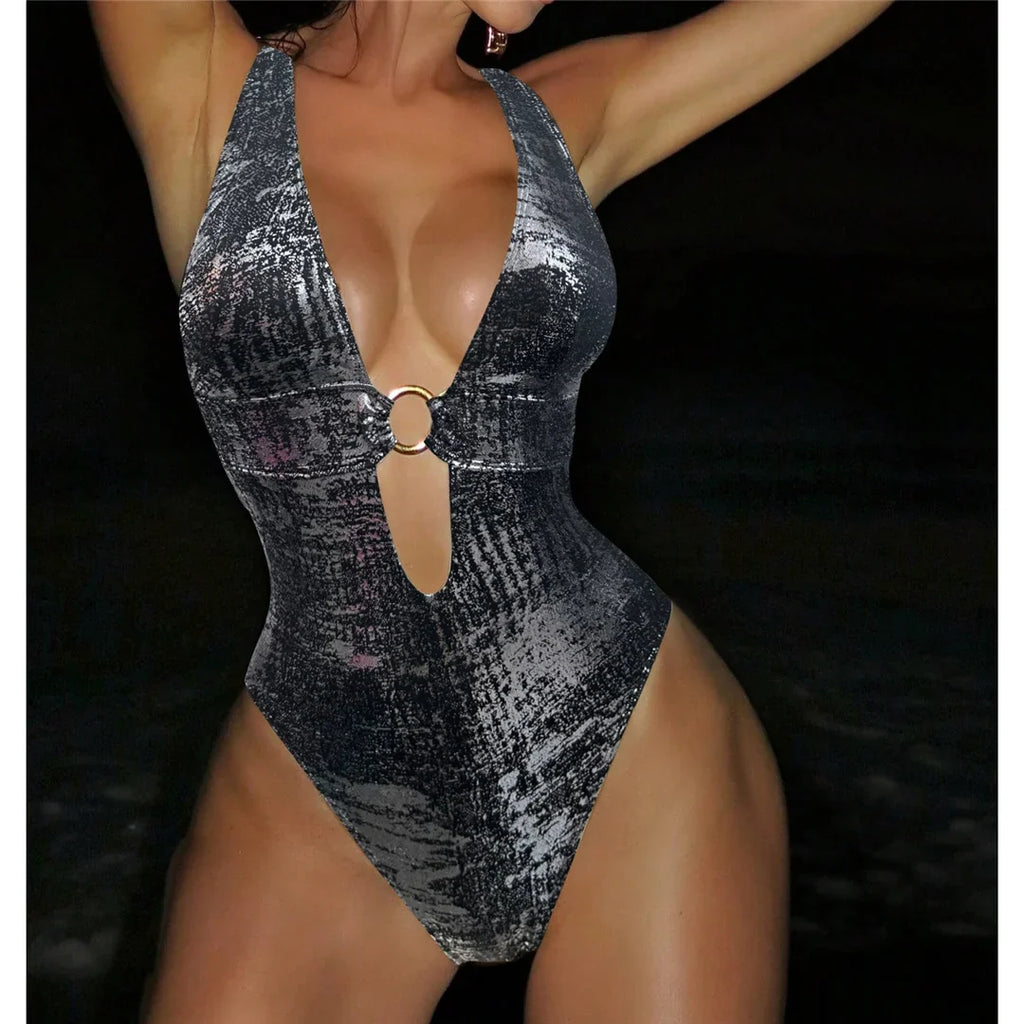 Sexy Golden Deep V Neck High Cut Leg Backless One Piece Swimsuit Women Swimwear Female Monokini Bather Bathing Suit Swim V6690