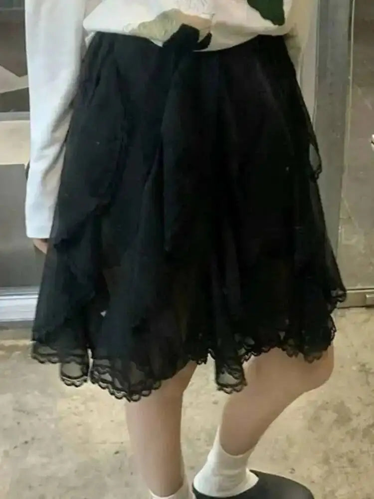 Lace Tulle Skirt Women Sweet Elegant Korean Style Ruffle Skirts Vintage Streetwear Irregular Layered Skirts Fashion Women O4RB