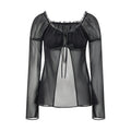 Spring Summer Women Solid Color Split Tie Front Tops See Through Frill Trim Square Neck Long Puff Sleeve Mesh Shirts