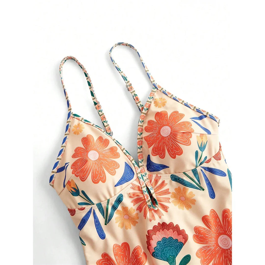 S - XL New Floral Printed With Skirt Women Swimwear V Neck High Leg Cut Bather Bathing Suit Swim One Piece Swimsuit Female K8041