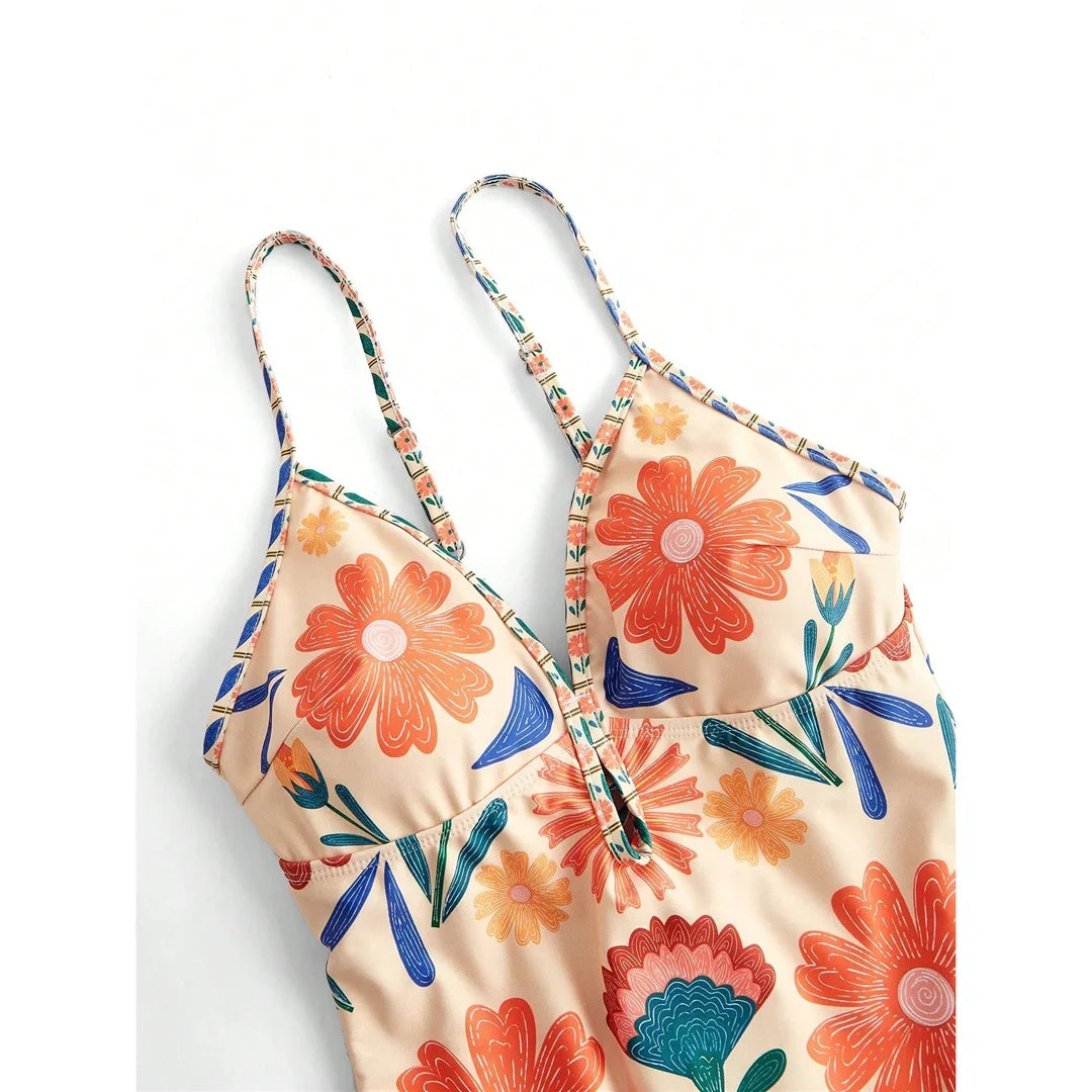 S - XL New Floral Printed With Skirt Women Swimwear V Neck High Leg Cut Bather Bathing Suit Swim One Piece Swimsuit Female K8041