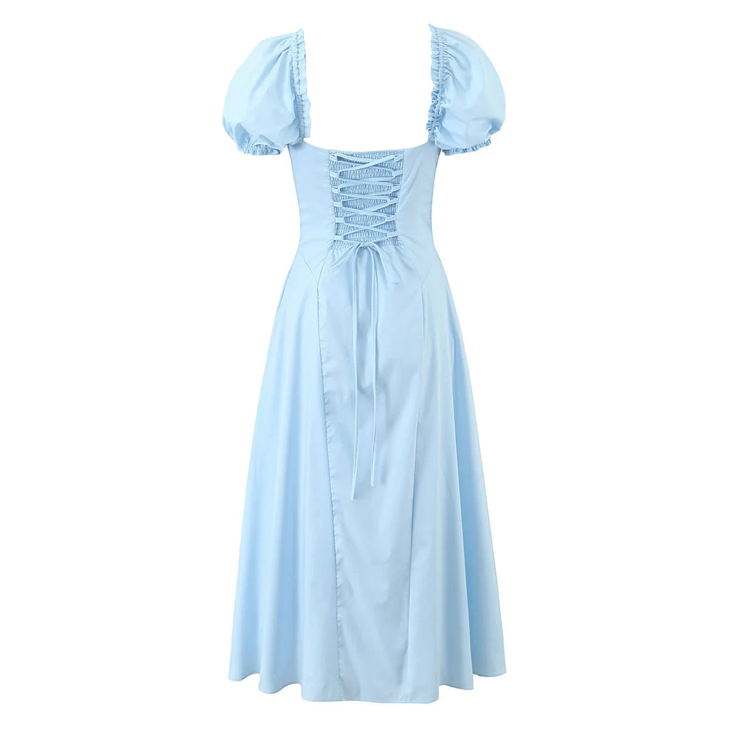 Bowknot Ruffles Light Blue Midi Dress Women's Summer Off Shoulder Short Sleeve Beach Dress Drawstring White A-line Vestidos 2025