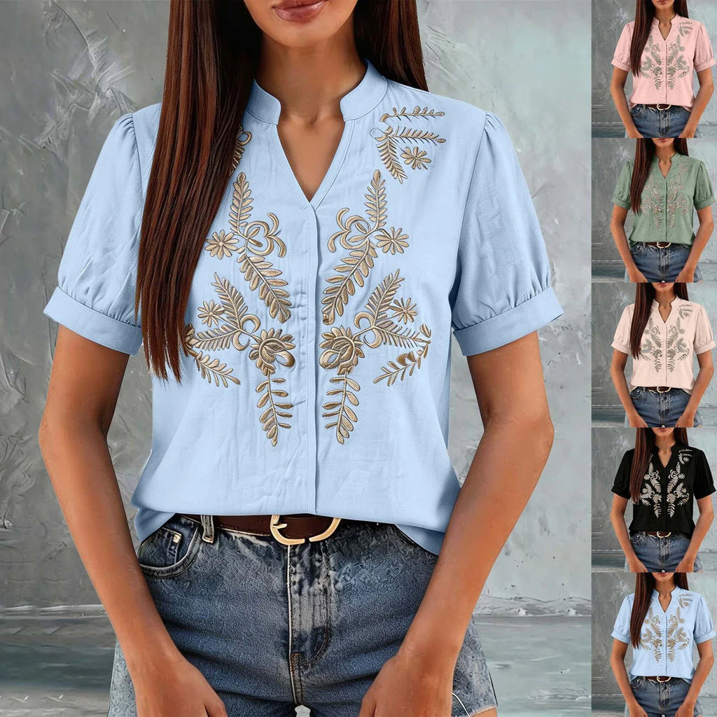 Women Floral Embroidery Puff Short Sleeve T Shirt Stand Collar V Neck Button Down Loose Solid Tees Summer Boho Casual Office Top