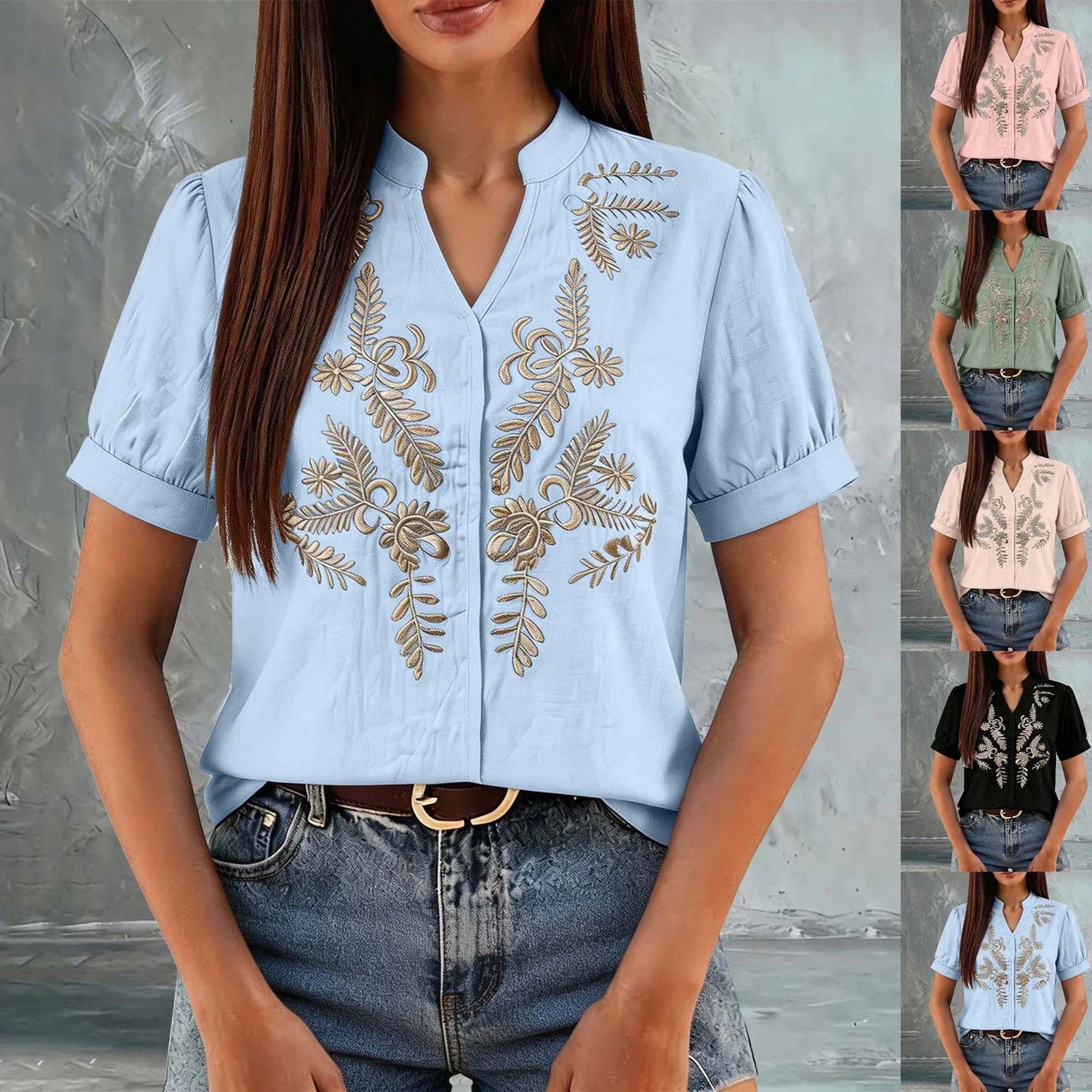 Women Floral Embroidery Puff Short Sleeve T Shirt Stand Collar V Neck Button Down Loose Solid Tees Summer Boho Casual Office Top