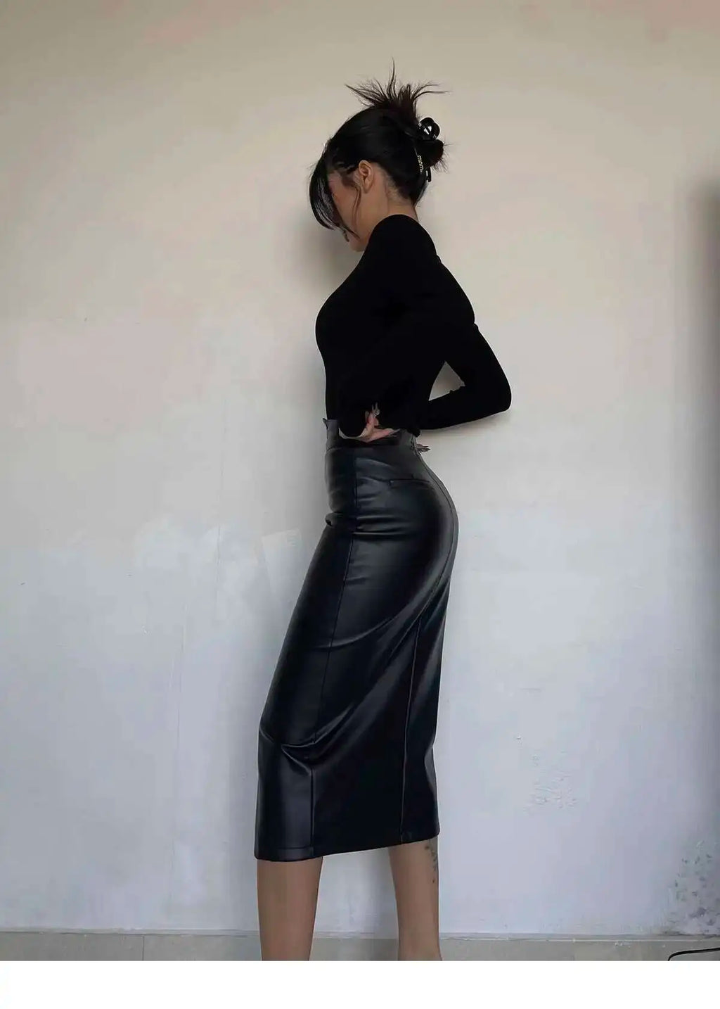 Sexy One Step Split PU Leather Half Skirt For Women's New High Waisted Slim Streetwear Black PU Fashion Womne Mini Dress  YTM8