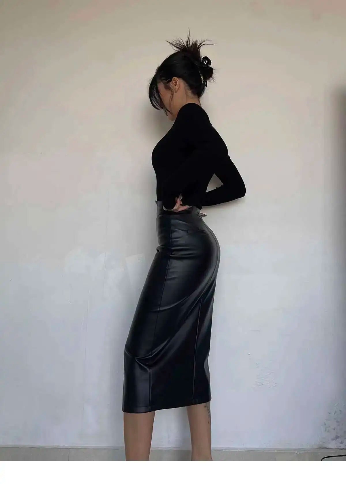Sexy One Step Split PU Leather Half Skirt For Women's New High Waisted Slim Streetwear Black PU Fashion Womne Mini Dress  YTM8