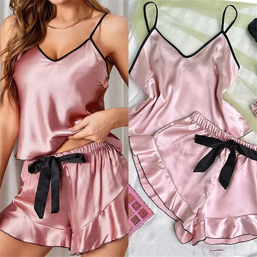 Summer Pajamas Set Women's Smooth Satin V-Neck Ruffled Edges Tops and Bow Shorts Pajama Sling Home Clothing
