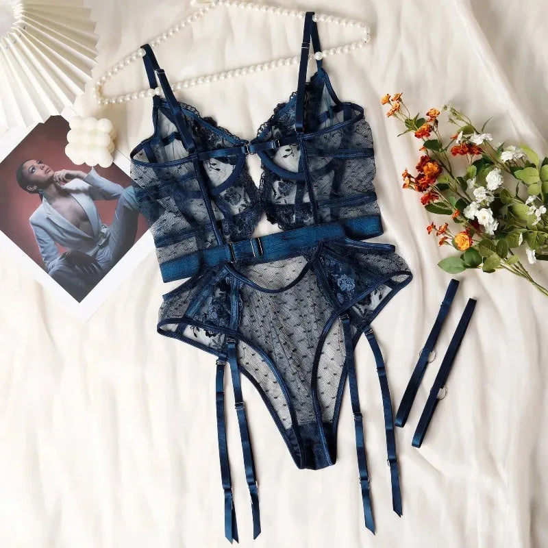 Toucheart Lace Sexy Skinny Babydoll Bodysuit Embroidery Erotic Private Adult Suit Solid Color Patchwork High Waisted Sexy Set