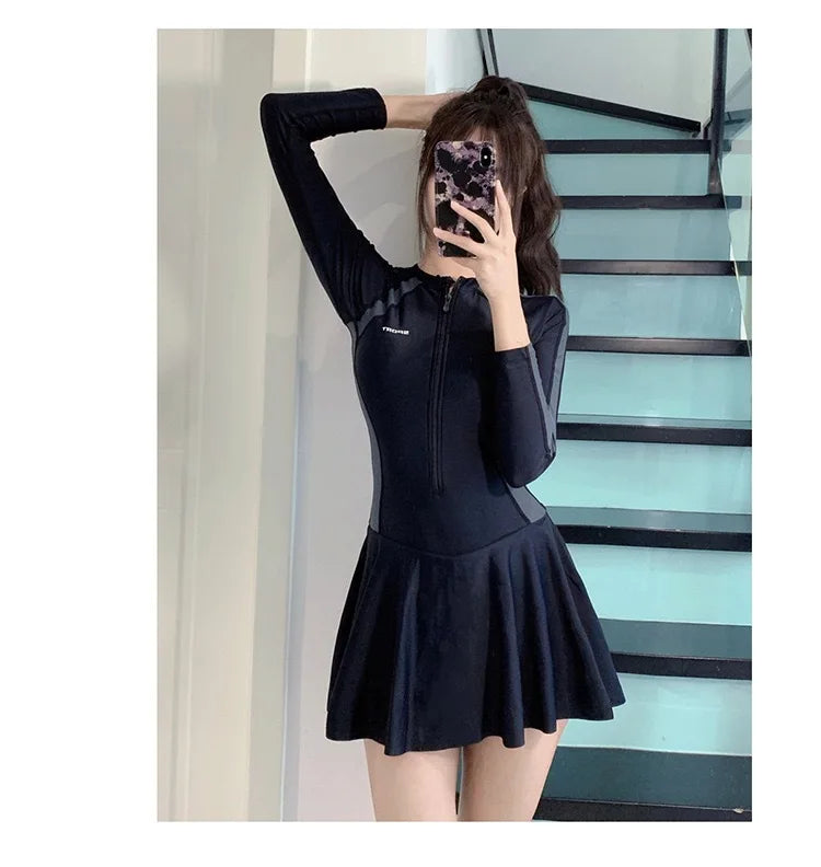 New plus size women's dress one-piece fresh women's swimsuit conservative slim fit long sleeved hot spring swimsuit