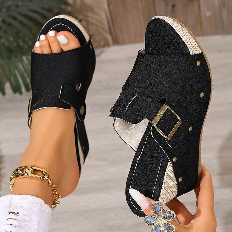 Fashion Buckle Chunky Wedges Sandals Women Rivets Decor High Heel Platform Slippers Woman Plus Size Non Slip Summer Sandles 43