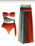 Vintage Blue Gradient Swimwear Pleate Long Skirt Bikini Set 2026 Women Bandeau Metal Starfish Bathing Suit One Piece Swimsuit
