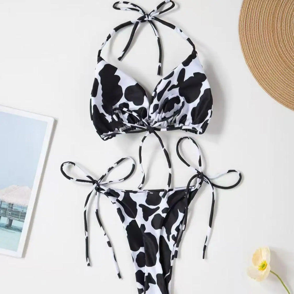 New Style Cow Print Lace-Up Halter Neck Sexy and Fashionable Women's Two-Piece Bikini Swimsuit