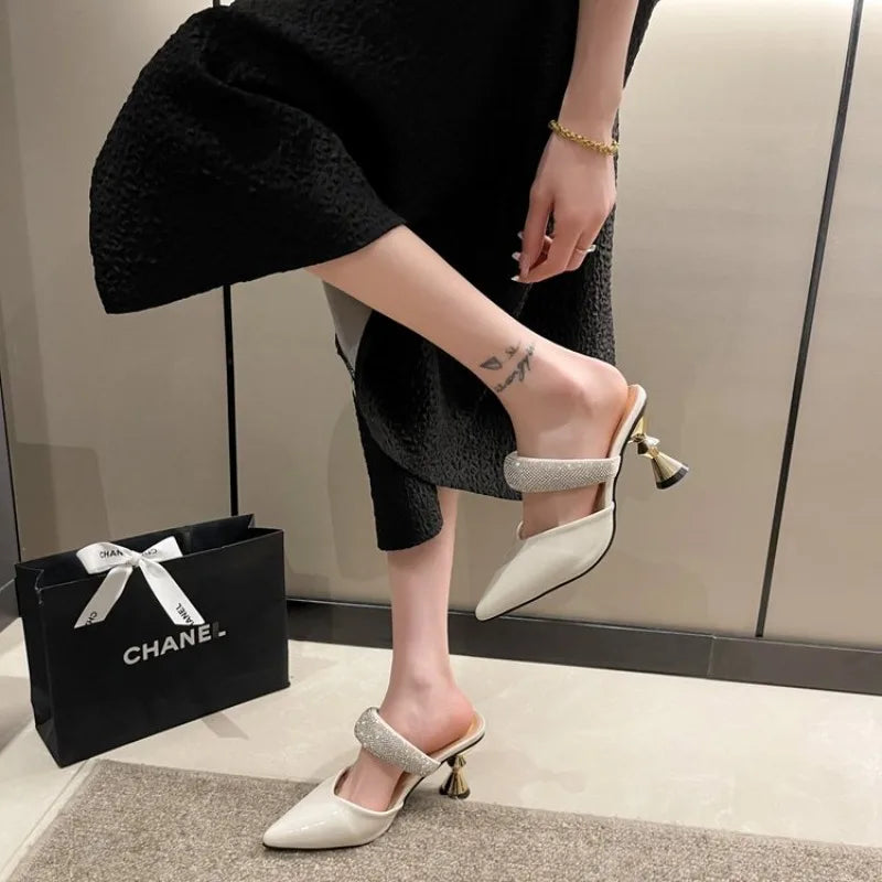 American pointed rhinestone high-heeled slippers women slim heels with toe caps, empty fashion sandals,