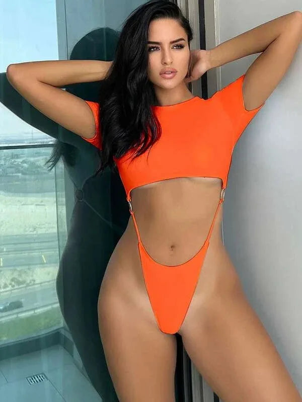 XS - L Mini Micro Thong Short Sleeve One Piece Swimsuit Women Female Swimwear Cut Cut Monokini High Cut Bathing Suit Swim Lady